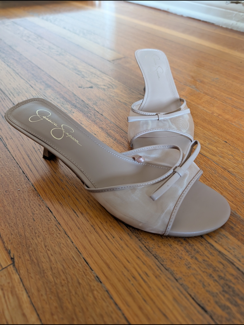 Jessica Simpson Taupe Bow Kitten Heel Mules with Mesh Detailing-Size 10